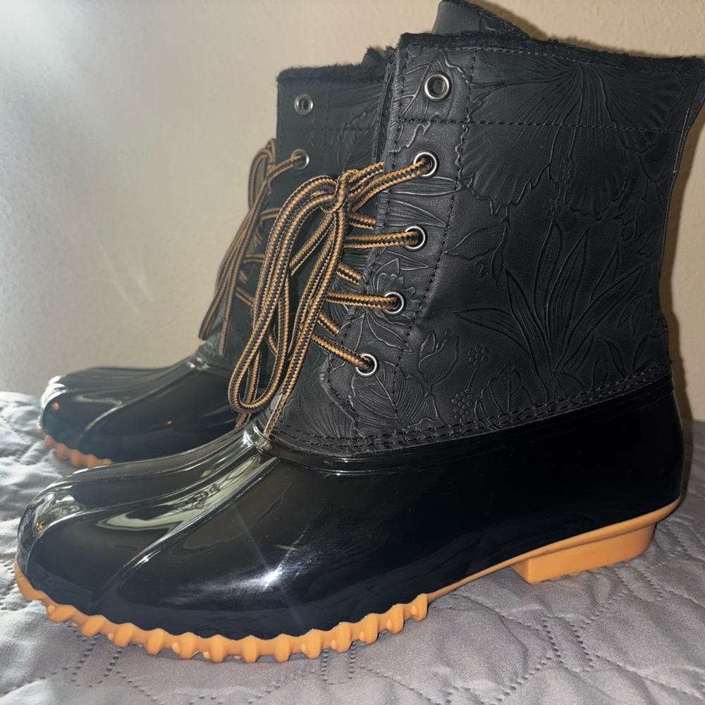 Sporto Bella Duck Boots Womens 10W Black Waterproof Lace Up Faux Fur Lined